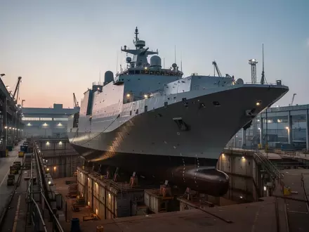 Ein modernes amphibisches Landungsschiff in einer Werft während der Bauphase bei Dämmerung. - Foto: über boerse-global.de