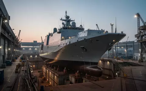 Ein modernes amphibisches Landungsschiff in einer Werft während der Bauphase bei Dämmerung. - Foto: über boerse-global.de