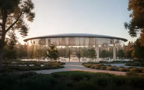 Die moderne Glasarchitektur des Apple Park Hauptquartiers in Cupertino bei Sonnenuntergang. - Foto: über boerse-global.de