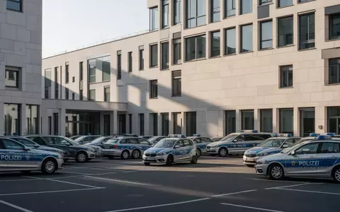 Ein modernes Polizeigebäude mit leeren Einsatzfahrzeugen auf einem Parkplatz bei Tageslicht. - Foto: über boerse-global.de