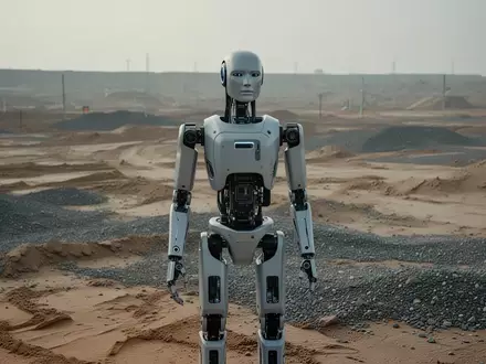 Ein humanoider Roboter in einem Testgelände mit Sand und Kies zur Erprobung neuer KI-Steuerungsmodelle. - Foto: über boerse-global.de