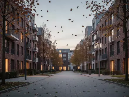 Moderne Wohnsiedlung in einer deutschen Stadt bei Dämmerung mit beleuchteten Fenstern und herbstlicher Atmosphäre. - Foto: über boerse-global.de