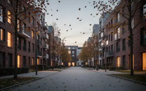 Moderne Wohnsiedlung in einer deutschen Stadt bei Dämmerung mit beleuchteten Fenstern und herbstlicher Atmosphäre. - Foto: über boerse-global.de