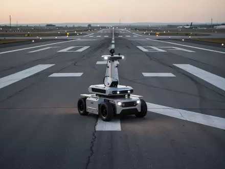 Ein autonomes Roboterfahrzeug auf dem Rollfeld des Flughafens Berlin Brandenburg bei der Suche nach Fremdkörpern. - Foto: über boerse-global.de