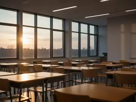 Ein leerer, modern gestalteter Klassenraum mit Holzstühlen und Tischen in der Dämmerung. - Foto: über boerse-global.de