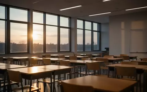 Ein leerer, modern gestalteter Klassenraum mit Holzstühlen und Tischen in der Dämmerung. - Foto: über boerse-global.de