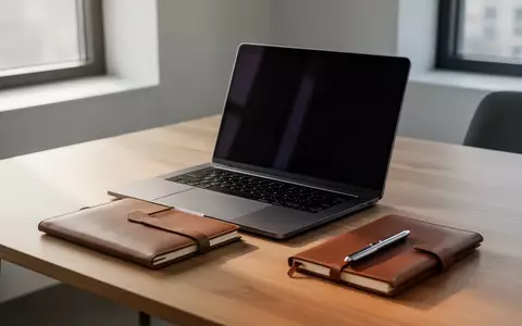 Ein minimalistischer Büroarbeitsplatz mit einem Laptop mit dunklem Bildschirm, Notizbuch und Stift auf einem Holztisch. - Foto: über boerse-global.de