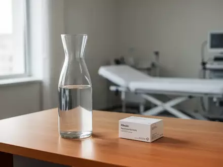 Ein minimalistisches, modernes Behandlungszimmer mit einem Wasserglas und einer medizinischen Verpackung auf einem Tisch. - Foto: über boerse-global.de