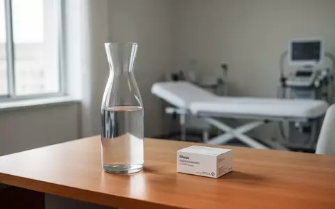 Ein minimalistisches, modernes Behandlungszimmer mit einem Wasserglas und einer medizinischen Verpackung auf einem Tisch. - Foto: über boerse-global.de
