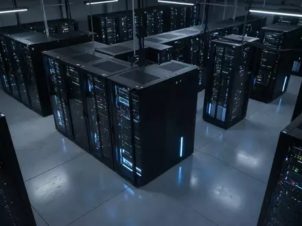 Ein modernes Serverzentrum mit schwarzen Server-Racks und blauer Beleuchtung in einer ruhigen, industriellen Umgebung. - Foto: über boerse-global.de