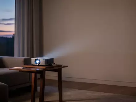 Ein kompakter, moderner Projektor steht auf einem Beistelltisch in einem minimalistisch eingerichteten Wohnzimmer am Abend. - Foto: über boerse-global.de