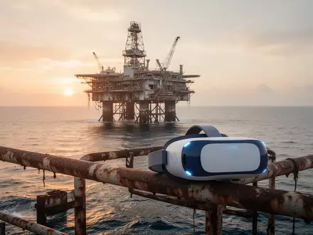 Ein VR-Headset auf dem Geländer einer verrosteten Ölplattform vor dem Hintergrund eines Sonnenuntergangs auf dem Meer. - Foto: über boerse-global.de