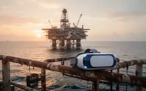 Ein VR-Headset auf dem Geländer einer verrosteten Ölplattform vor dem Hintergrund eines Sonnenuntergangs auf dem Meer. - Foto: über boerse-global.de