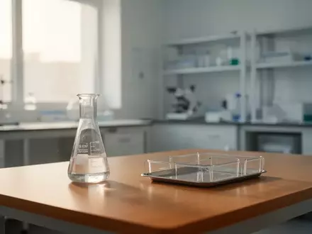 Ein heller, moderner medizinischer Laborraum mit einem leeren Becherglas und einer medizinischen Ablage auf einem Tisch. - Foto: über boerse-global.de