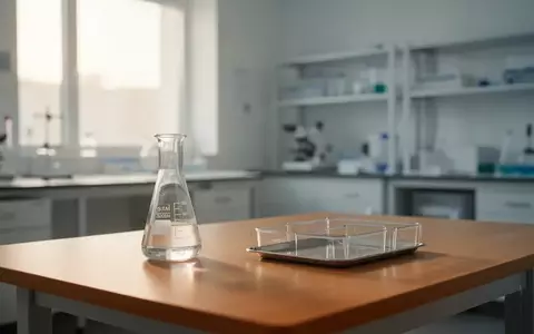 Ein heller, moderner medizinischer Laborraum mit einem leeren Becherglas und einer medizinischen Ablage auf einem Tisch. - Foto: über boerse-global.de