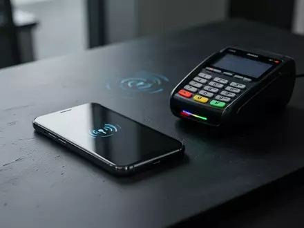 Ein modernes Smartphone liegt neben einem kontaktlosen Zahlungsterminal auf einer dunklen Oberfläche. - Foto: über boerse-global.de