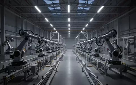 Leere Produktionshalle eines modernen Automobilwerks mit automatisierten Fertigungsrobotern in einer Dämmerungsstimmung. - Foto: über boerse-global.de