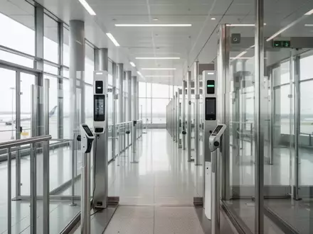 Moderner, leerer Sicherheitsbereich an einem internationalen Flughafen mit biometrischen Scannern und Glasbarrieren. - Foto: über boerse-global.de