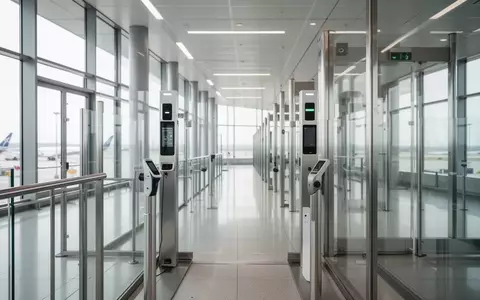 Moderner, leerer Sicherheitsbereich an einem internationalen Flughafen mit biometrischen Scannern und Glasbarrieren. - Foto: über boerse-global.de