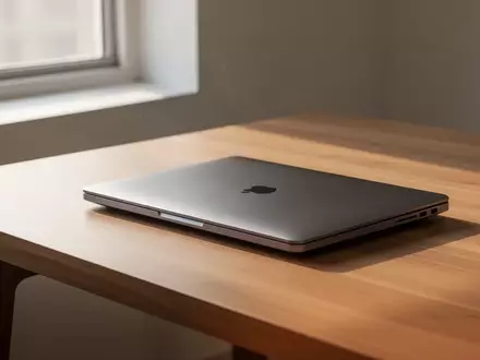 Ein moderner, minimalistischer Arbeitsplatz mit einem geschlossenen Laptop auf einem Holztisch bei natürlichem Licht. - Foto: über boerse-global.de