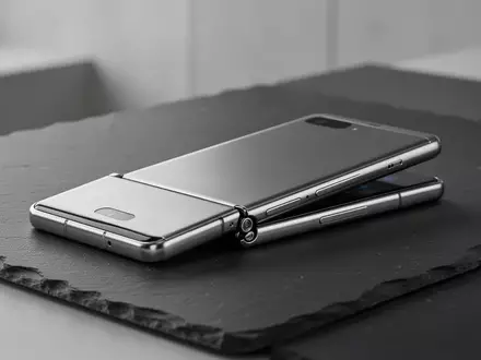 Ein ultra-dünnes, faltbares Smartphone aus Titan in einem minimalistischen, modernen Arbeitsumfeld. - Foto: über boerse-global.de