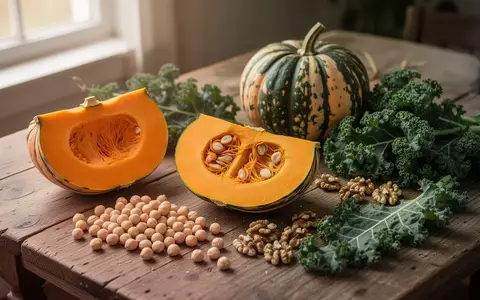 Eine Auswahl an herbstlichem Gemüse wie Kürbis, Kichererbsen, Walnüsse und Grünkohl auf einem Holztisch. - Foto: über boerse-global.de