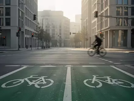Leere städtische Straßenkreuzung mit markiertem Fahrradstreifen bei Morgenlicht. - Foto: über boerse-global.de