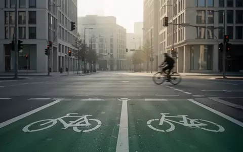 Leere städtische Straßenkreuzung mit markiertem Fahrradstreifen bei Morgenlicht. - Foto: über boerse-global.de