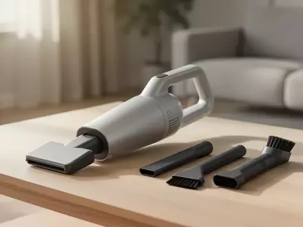 Ein moderner Handstaubsauger mit verschiedenen Aufsätzen auf einem Holztisch in einer hellen, aufgeräumten Wohnumgebung. - Foto: über boerse-global.de