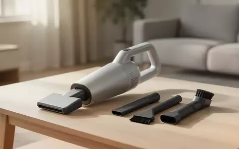 Ein moderner Handstaubsauger mit verschiedenen Aufsätzen auf einem Holztisch in einer hellen, aufgeräumten Wohnumgebung. - Foto: über boerse-global.de