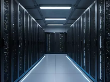Moderne Serverräume in einem Rechenzentrum mit bläulicher Beleuchtung zur Darstellung von Netzwerksicherheit. - Foto: über boerse-global.de