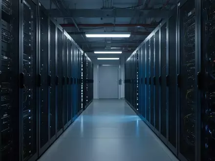 Modernes Serverraum-Rechenzentrum mit dunklen Serverschränken und blauer Beleuchtung. - Foto: über boerse-global.de