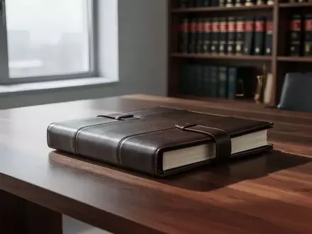 Ein geschlossener, ledergebundener Rechtsakt liegt auf einem modernen Schreibtisch in einem hellen Büro. - Foto: über boerse-global.de