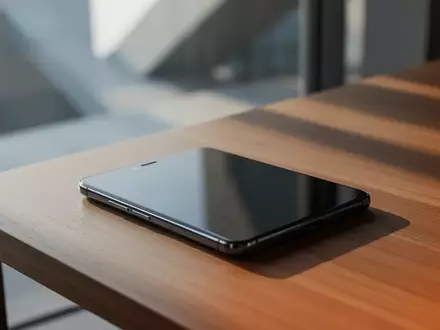Ein modernes Smartphone auf einem Holztisch in einer minimalistischen Arbeitsumgebung bei natürlichem Licht. - Foto: über boerse-global.de