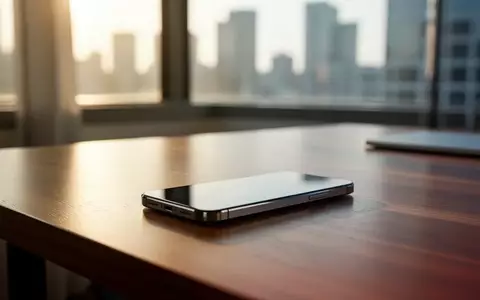 Ein modernes Smartphone auf einem minimalistischen Holztisch vor einer verschwommenen Skyline. - Foto: über boerse-global.de