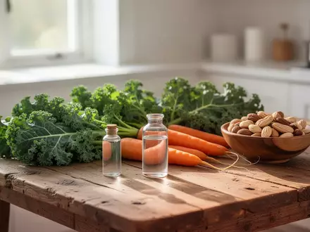 Frisches Gemüse, Nüsse und ein Glasfläschchen auf einem Holztisch als Symbol für ganzheitliche Gesundheitsvorsorge. - Foto: über boerse-global.de