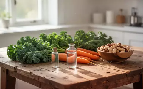 Frisches Gemüse, Nüsse und ein Glasfläschchen auf einem Holztisch als Symbol für ganzheitliche Gesundheitsvorsorge. - Foto: über boerse-global.de