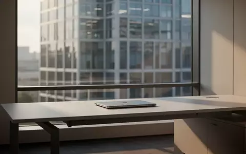 Ein leerer, moderner Schreibtisch in einem ruhigen Büro mit Blick auf ein Firmengebäude durch ein großes Fenster. - Foto: über boerse-global.de
