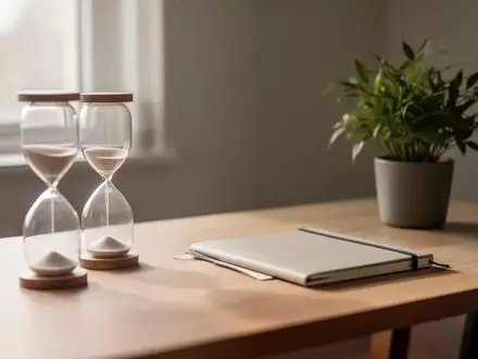 Minimalistischer Schreibtisch mit einem Sanduhr-Symbol fĂĽr Zeitmanagement und einer Pflanze in natĂĽrlichem Licht. - Foto: ĂĽber boerse-global.de