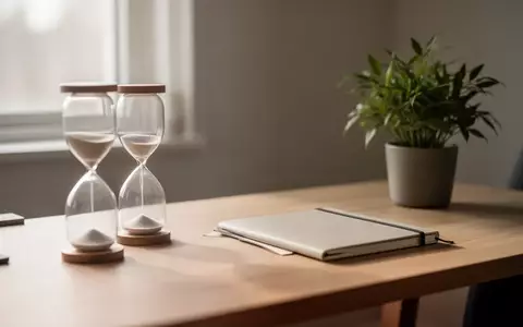 Minimalistischer Schreibtisch mit einem Sanduhr-Symbol für Zeitmanagement und einer Pflanze in natürlichem Licht. - Foto: über boerse-global.de
