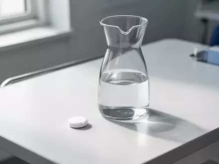 Eine einzelne weiße Tablette neben einer leeren Wasserkaraffe auf einem klinischen Tisch. - Foto: über boerse-global.de