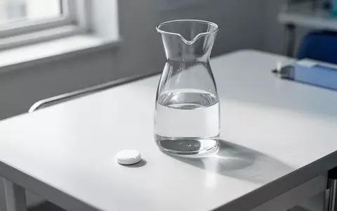 Eine einzelne weiße Tablette neben einer leeren Wasserkaraffe auf einem klinischen Tisch. - Foto: über boerse-global.de