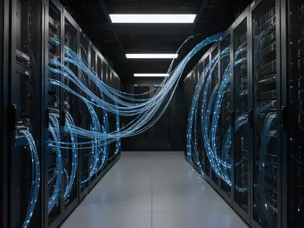 Moderne Serveranlage in einem Rechenzentrum mit blau leuchtenden Glasfaserkabeln und technischer Infrastruktur. - Foto: über boerse-global.de