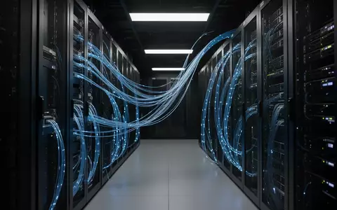 Moderne Serveranlage in einem Rechenzentrum mit blau leuchtenden Glasfaserkabeln und technischer Infrastruktur. - Foto: über boerse-global.de