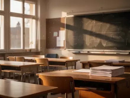 Ein leeres Klassenzimmer mit Holztischen und einem leeren Tafelbereich im sanften Nachmittagslicht. - Foto: über boerse-global.de