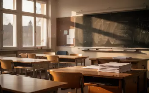 Ein leeres Klassenzimmer mit Holztischen und einem leeren Tafelbereich im sanften Nachmittagslicht. - Foto: über boerse-global.de
