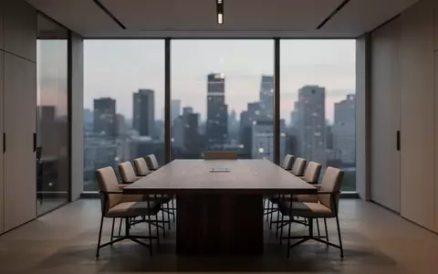 Ein minimalistischer, moderner Konferenzraum in einem Bürogebäude bei Dämmerung mit Blick auf die Stadt. - Foto: über boerse-global.de