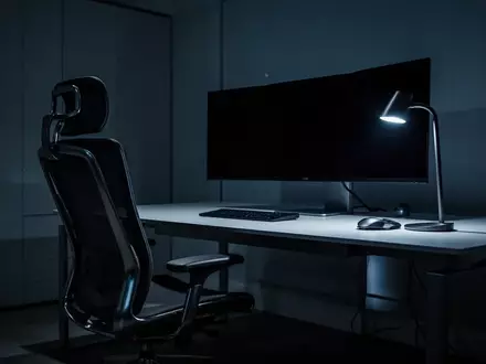 Ein minimalistischer, dunkel beleuchteter Arbeitsplatz mit einem ausgeschalteten Computerbildschirm in einem modernen Büro. - Foto: über boerse-global.de