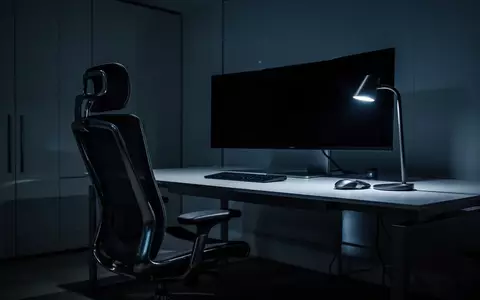Ein minimalistischer, dunkel beleuchteter Arbeitsplatz mit einem ausgeschalteten Computerbildschirm in einem modernen Büro. - Foto: über boerse-global.de