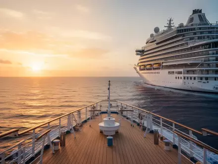 Ein luxuriöses Kreuzfahrtschiff auf offener See bei Sonnenuntergang als Symbol für entschleunigte Langzeitreisen. - Foto: über boerse-global.de